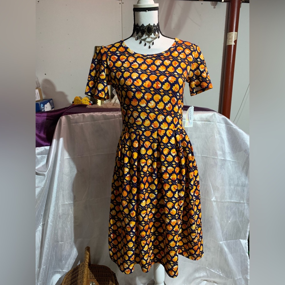 Lularoe Amelia Navy Blue Orange Floral Dress